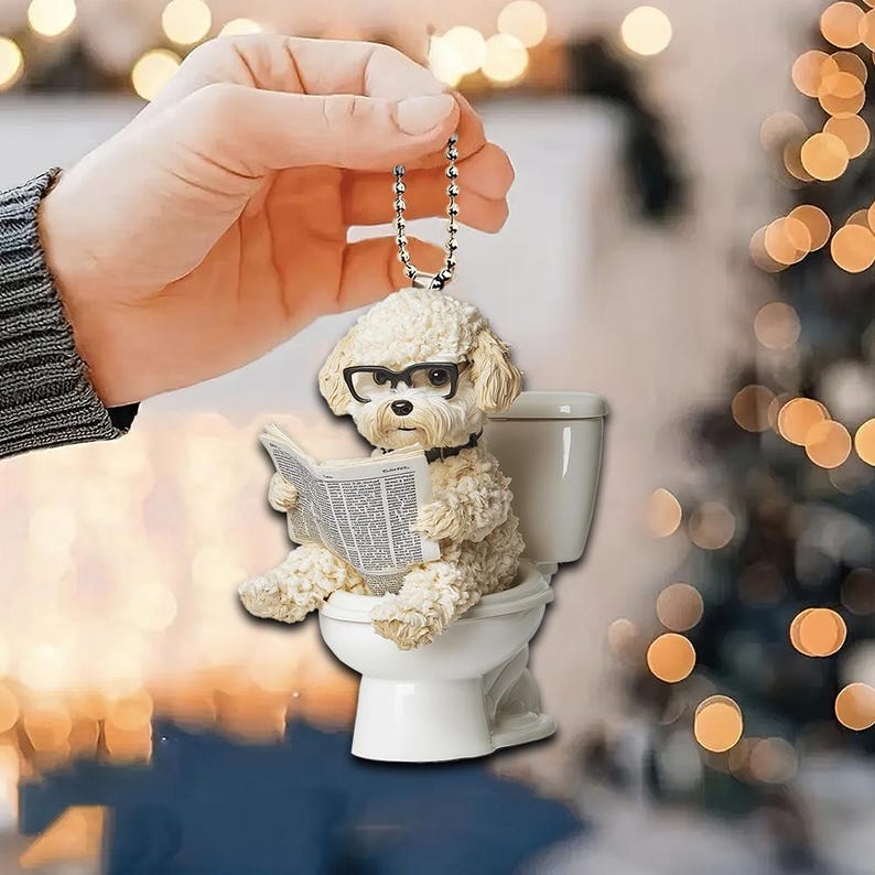 Maltipoo on Toilet Reading Book Car Hanging Ornament, Funny Maltipoo Dog Christmas Ornament ON0814