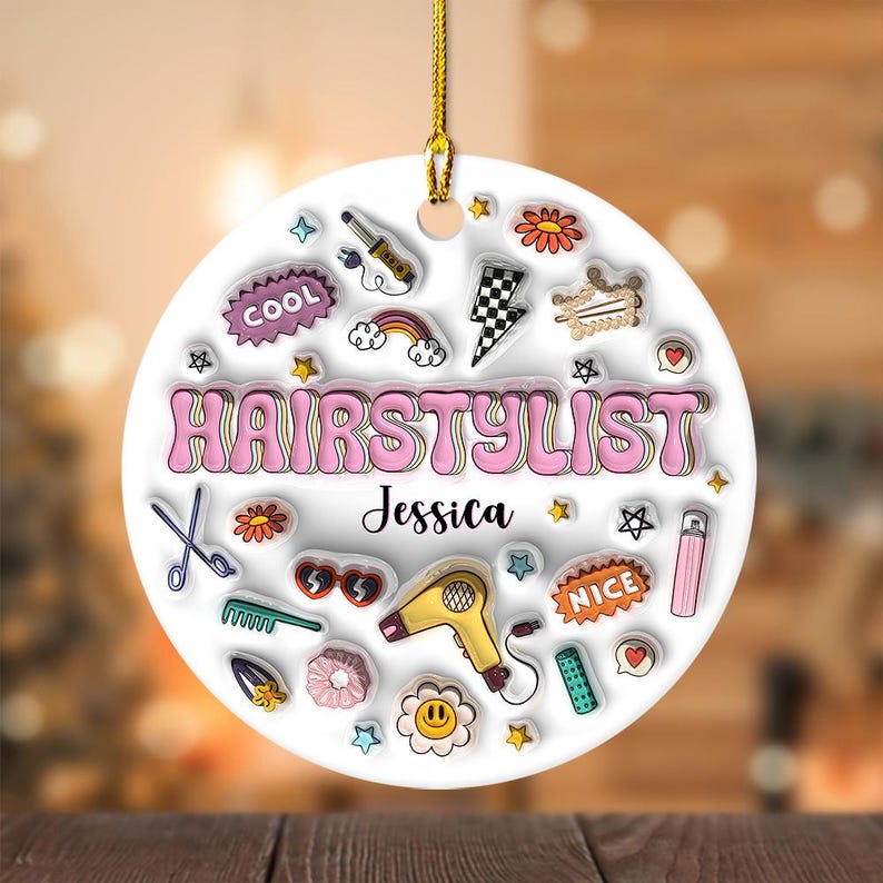 Personalized Hairstylist 3D Circle Ceramic Ornament, Custom Hairstylist Ornament Christmas 2024 ON0303