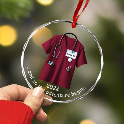 Personalized The Adventure Begins Scrubs Nurse Ornament 2024, Custom Name Nurse Christmas Ornament ON0304