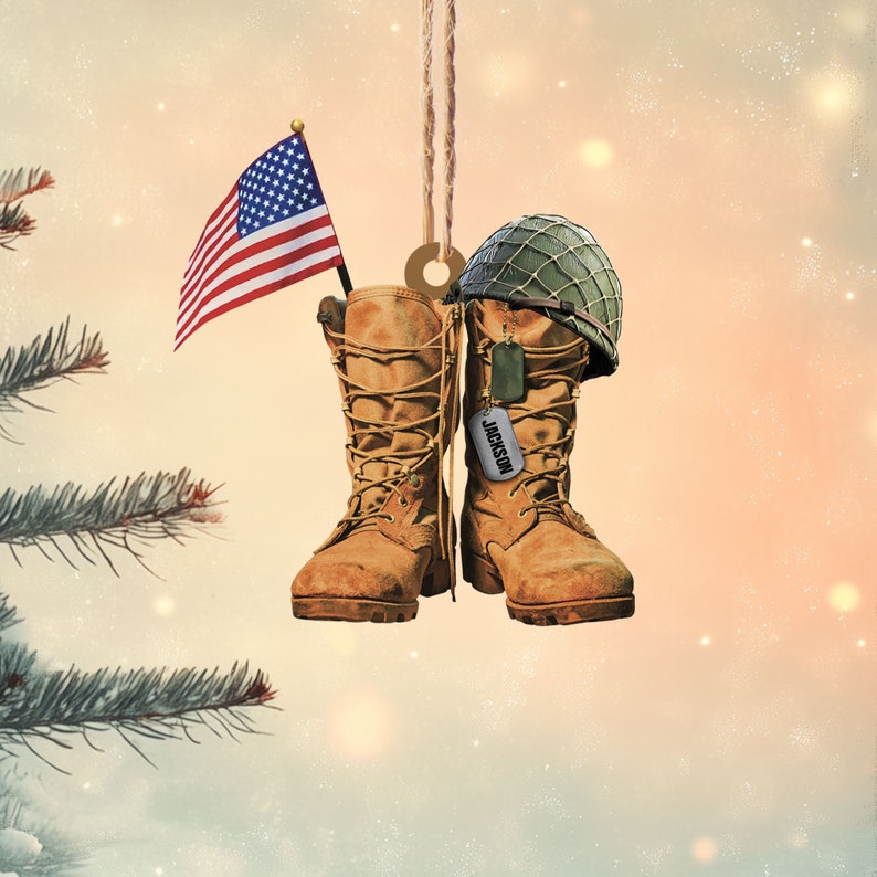 Personalize Military Uniform Boots & Helmet Christmas Ornament, Custom Name Veteran Military Ornament ON0421