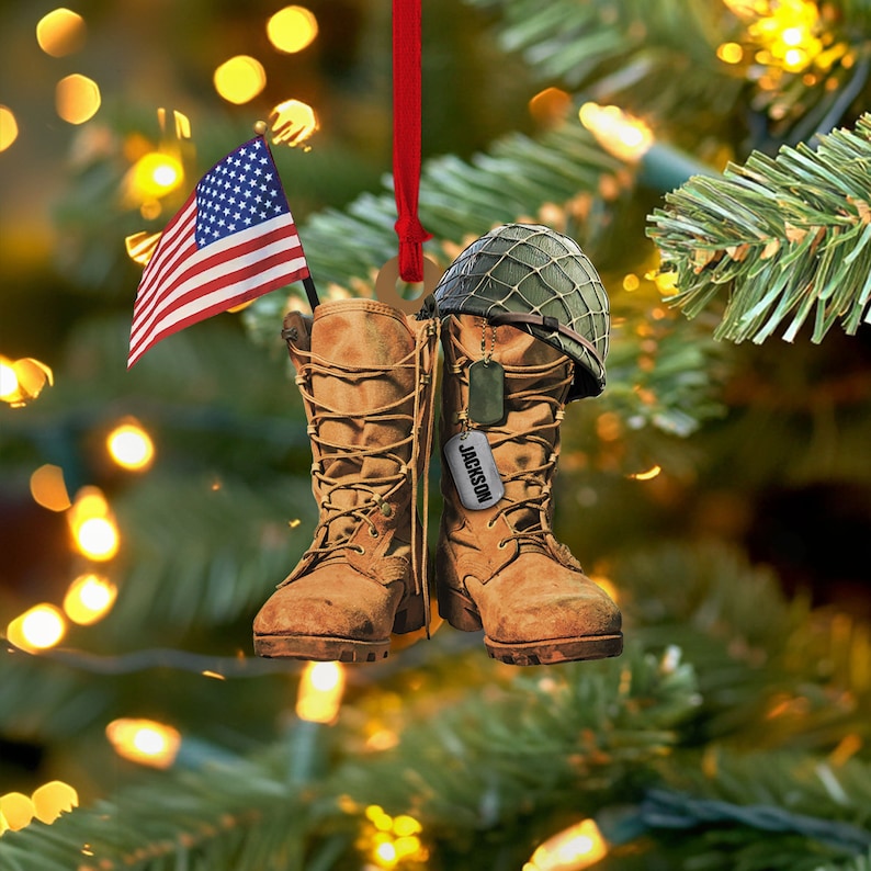 Personalize Military Uniform Boots & Helmet Christmas Ornament, Custom Name Veteran Military Ornament ON0421