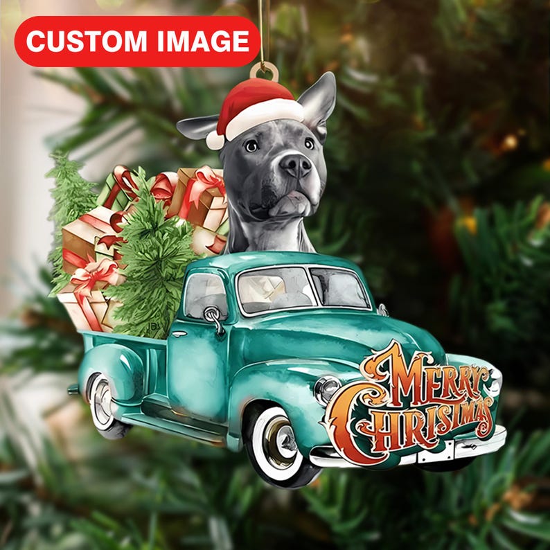 Custom Photo Pitbull Green Truck Merry Christmas Ornament, Personalized Photo Dog Lovers Ornament ON1201