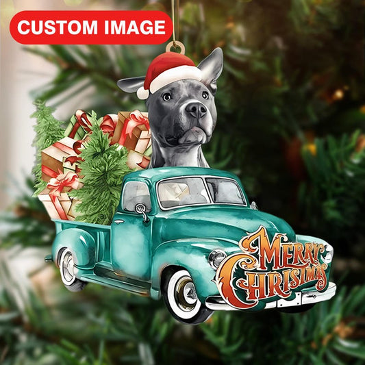 Custom Photo Pitbull Green Truck Merry Christmas Ornament, Personalized Photo Dog Lovers Ornament ON1201