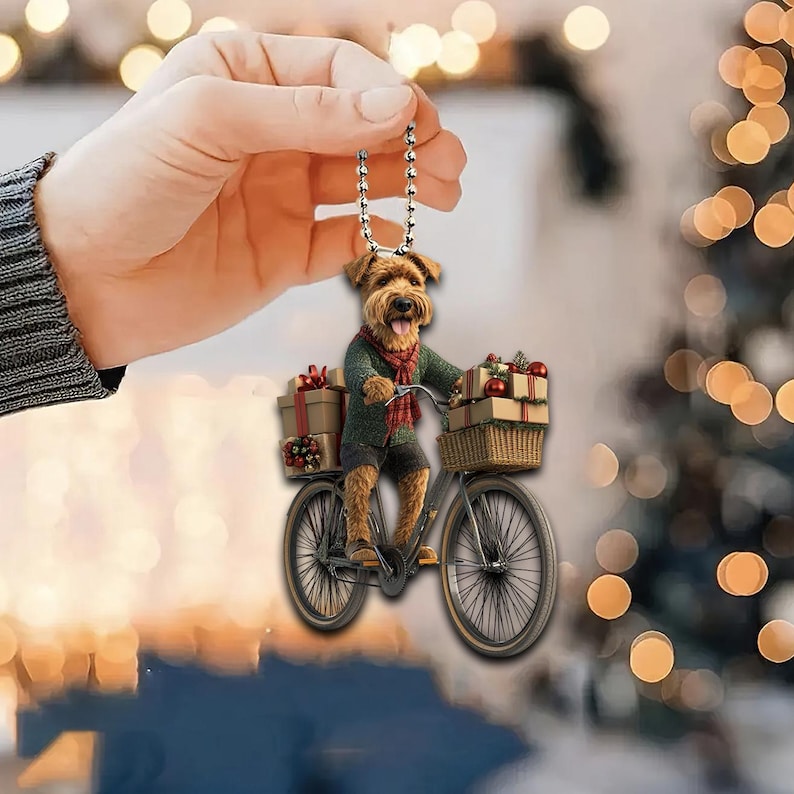 Airedale Terrier Riding a Bicycle Christmas Ornament, Funny Airedale Terrier Ornament ON0812