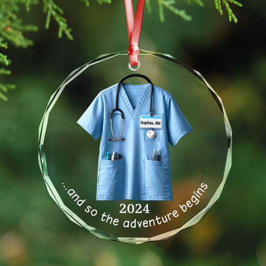 Personalized The Adventure Begins Scrubs Nurse Ornament 2024, Custom Name Nurse Christmas Ornament ON0304