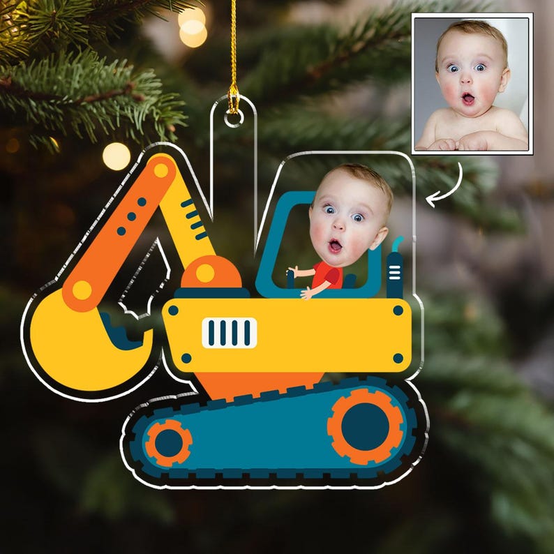 Custom Photo Boy Riding Construction Vehicle Christmas Ornament, Personalized Baby Xmas Photo Ornament ON0763