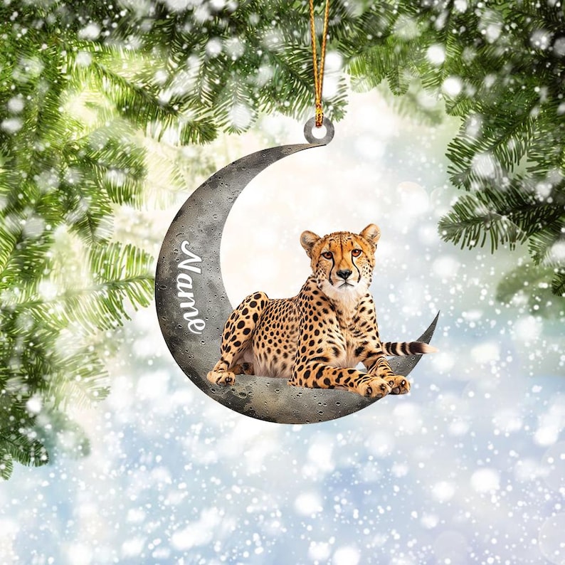 Personalized Cheetah On Moon Christmas Light Ornament, Custom Name Cheetah Xmas Ornament ON1225