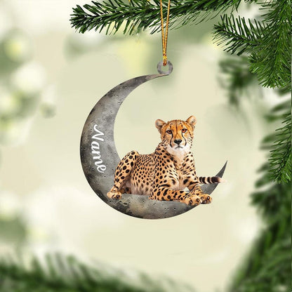 Personalized Cheetah On Moon Christmas Light Ornament, Custom Name Cheetah Xmas Ornament ON1225