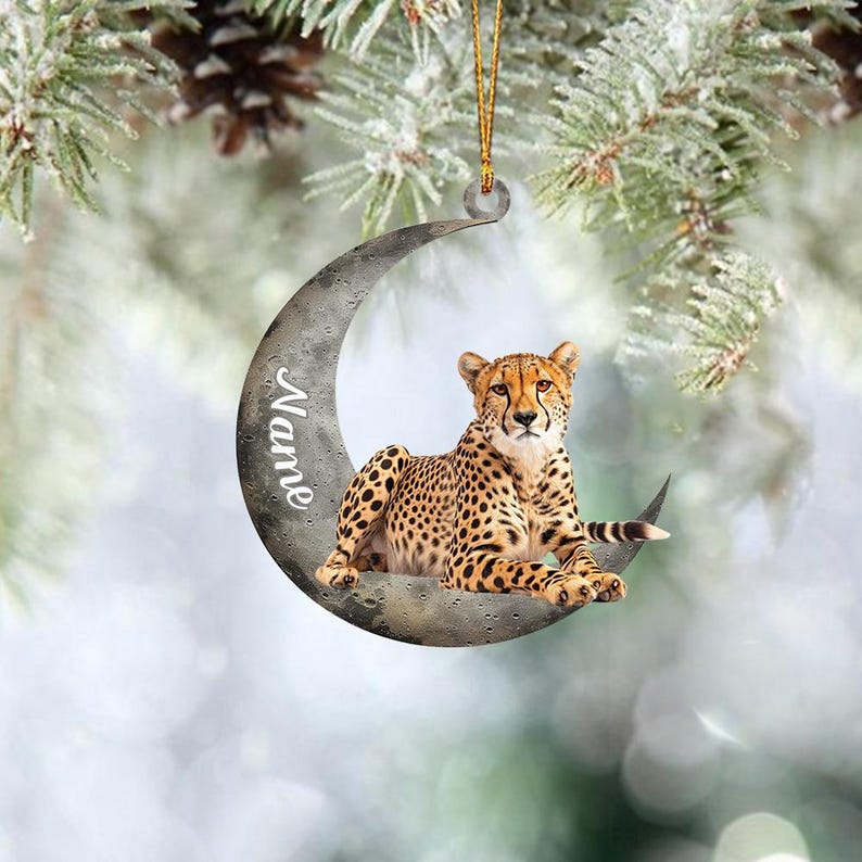 Personalized Cheetah On Moon Christmas Light Ornament, Custom Name Cheetah Xmas Ornament ON1225