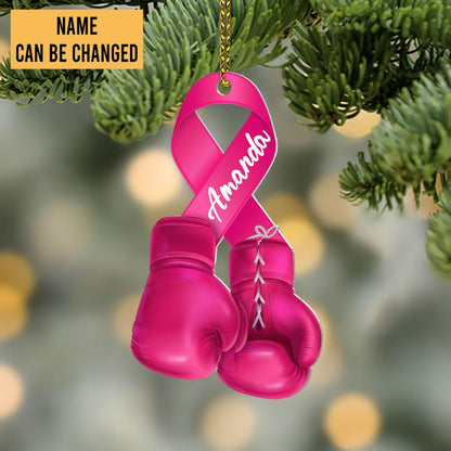 Custom Name Pink Boxing Gloves Ribbon Ornament, Personalized Breast Cancer Awareness Ornament ON0551