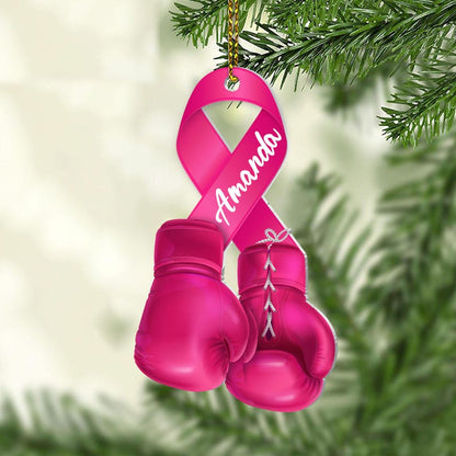 Custom Name Pink Boxing Gloves Ribbon Ornament, Personalized Breast Cancer Awareness Ornament ON0551