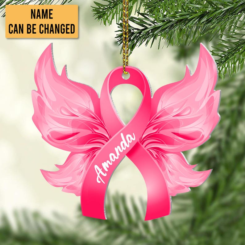 Custom Name Pink Boxing Gloves Ribbon Ornament, Personalized Breast Cancer Awareness Ornament ON0551