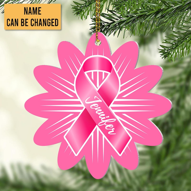 Custom Name Pink Boxing Gloves Ribbon Ornament, Personalized Breast Cancer Awareness Ornament ON0551