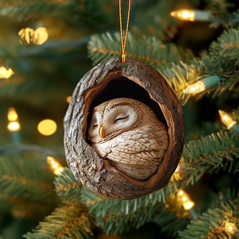 Owl Sleeping Christmas Ornament, Owl Lover Ornament ON0823