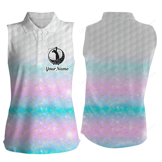 Custom name pattern golf shirts, ladies golf tops, women's sleeveless polo shirt rainbow mermaid scales GY0413