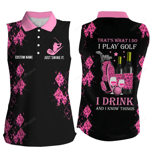 Personalized leopard women sleeveless polo shirt multicolor, funny golf wine that's what i do, i play golf drink GY0469