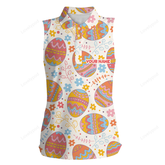 Olorful easter eggs pattern golf shirt custom womens sleeveless polo shirt, easter's day golfing gift GY0446