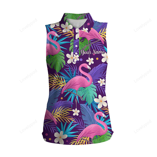 Personalized women's sleeveless golf polo shirt floral flamingo pattern tropical leaves custom team golf shirts GY0512