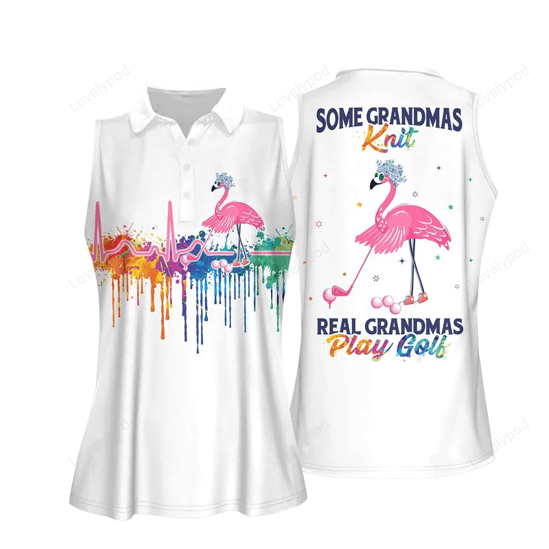 Watercolor heart beat flamingo some grandmas knit real grandmas play golf women sleeveless polo shirt GY0538