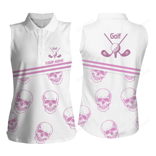 3d all over print sleeveless golf polo shirt, custom name pink golf skull white golf shirt for women, golfing gift GY0443