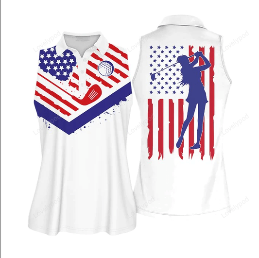 Custom golf shirts for women, golf texture america flag sleeveless polo shirt, women's golf jerseys GY0584