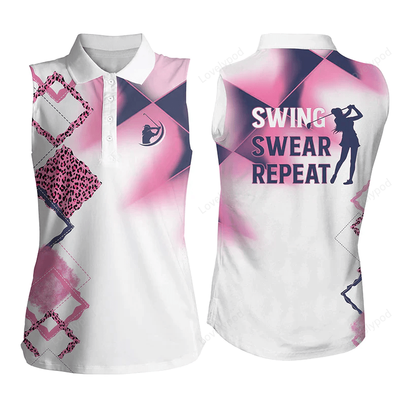 Womens sleeveless polo shirt pink leopard pattern swing swear repeat white golf shirt GY0653