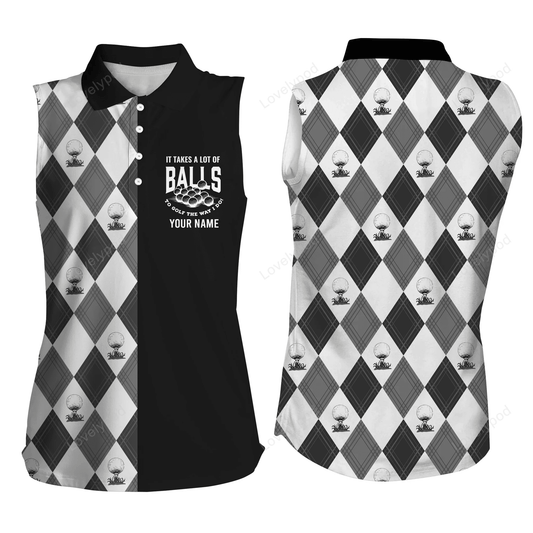 Black white pattern women golf sleeveless polo shirt, custom it takes a lot of balls to golf the way GY0606