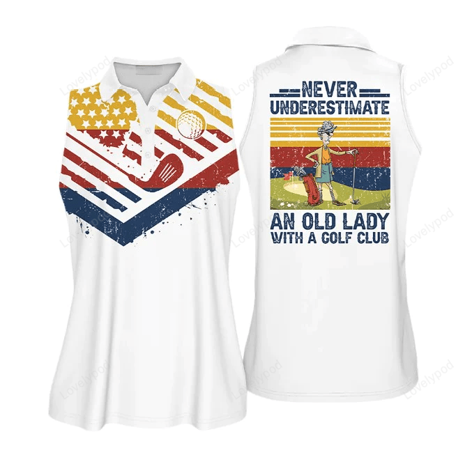 Golf american flag never underestimate an old lady with a golf club sleeveless polo shirt GY0711