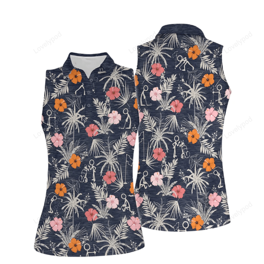 Funny golf stick figures flower women sleeveless polo shirt GY0732