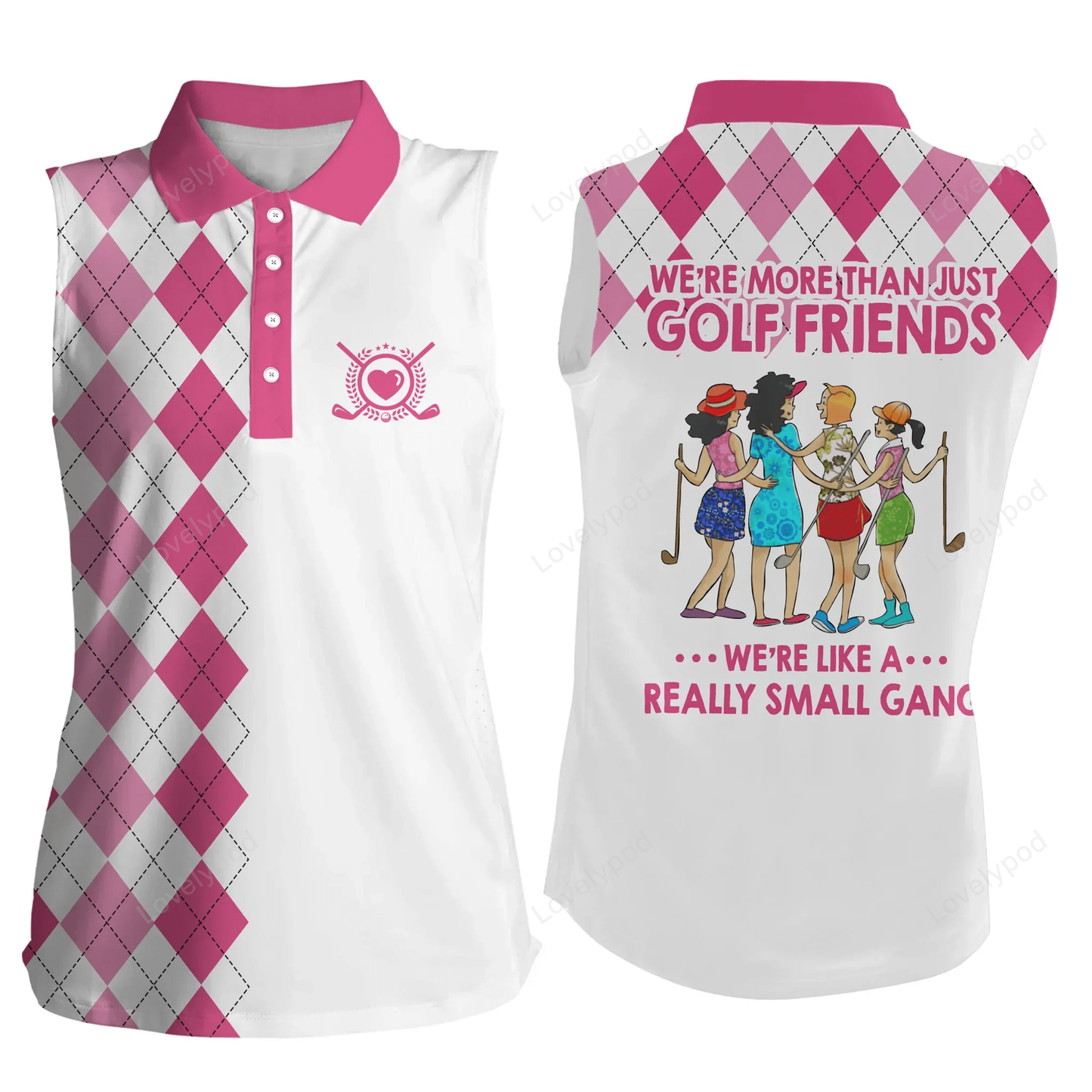 Womens sleeveless polo shirts, multi-color argyle plaid we're more than golf friends we're small GY0688