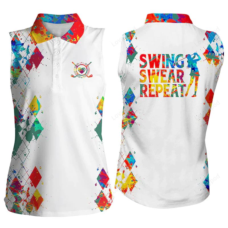 Women's sleeveless golf polo shirt, watercolor swing swear repeat white golf shirt, golfing gifts GY0703