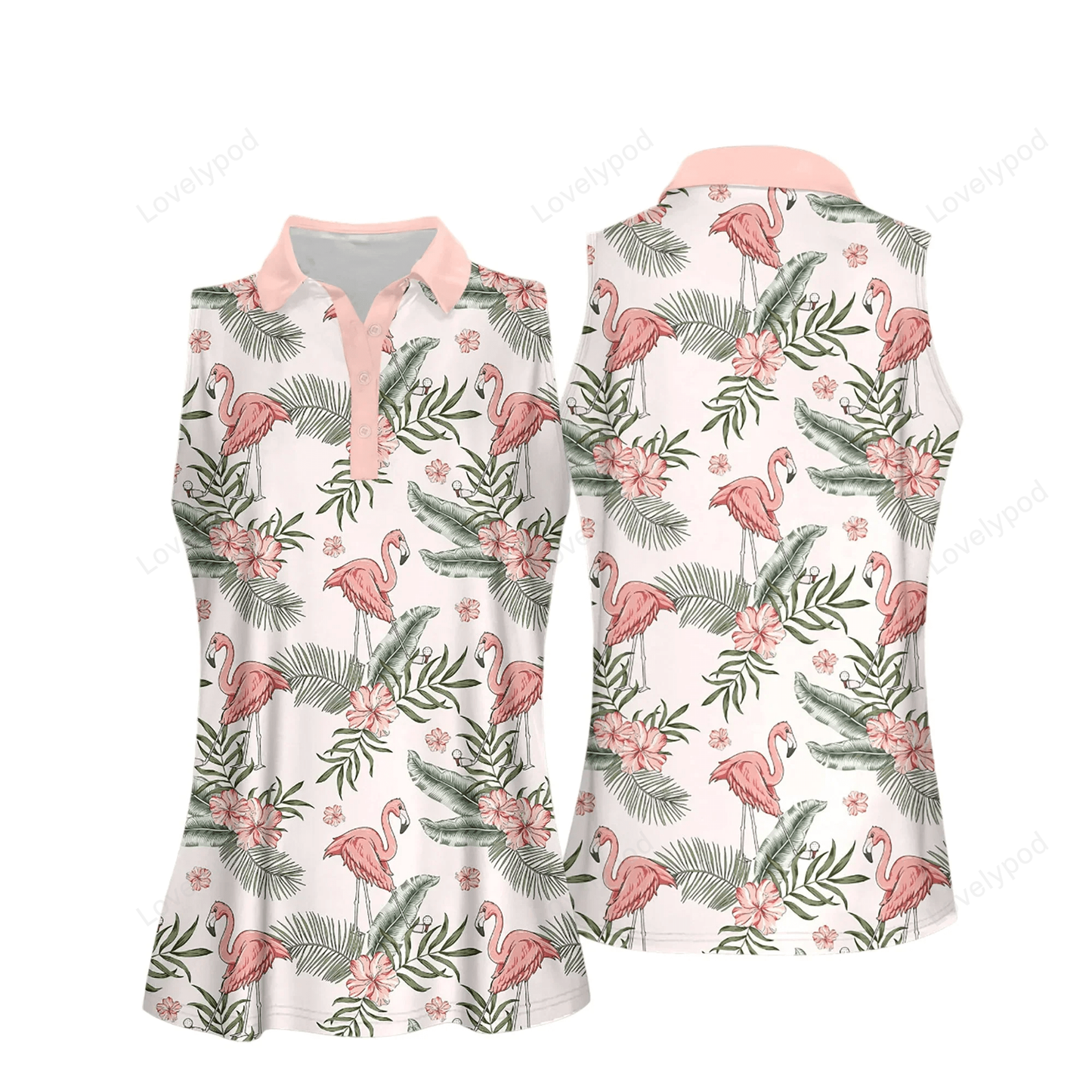 Seamless flamingo golf tropical pattern women polo shirt, sleeveless polo shirt for ladies GY0768