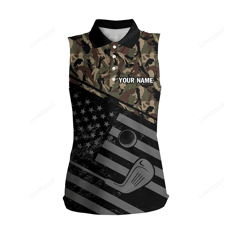 Women's sleeveless polo shirt black american flag patriotic green camo polo custom name golfing gifts GY0392