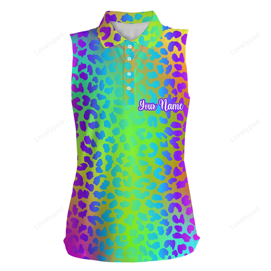 Womens sleeveless polo shirt neon rainbow leopard print custom pattern golf shirt, women golf top GY0381