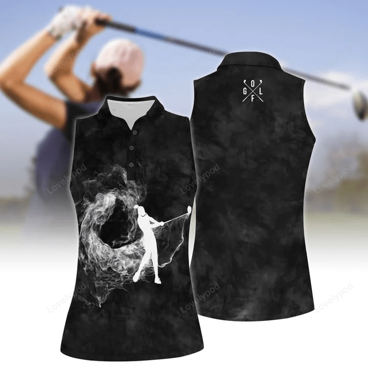 Golf smoke background black women sleeveless polo shirt, 3d all over print golf shirt, golf smoke shirt GY0394