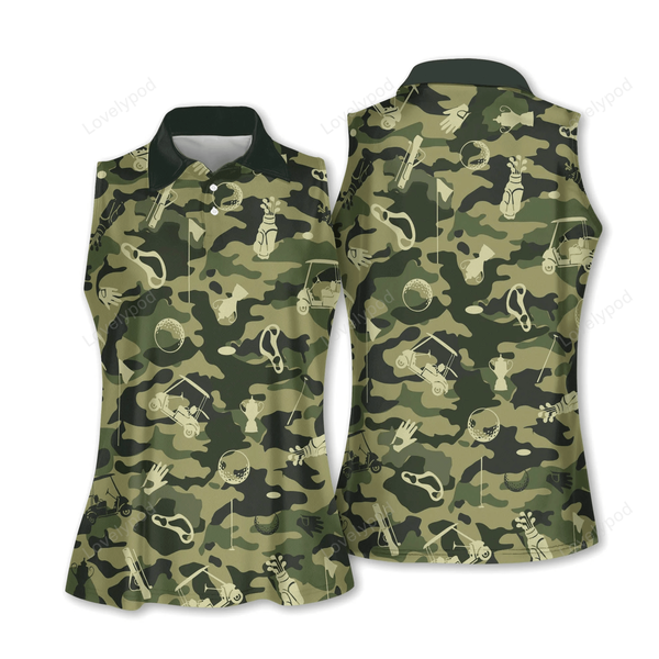 Womens Camo Sleeveless Golf Shirt, Ladies Camo Golf Shirt GY0346