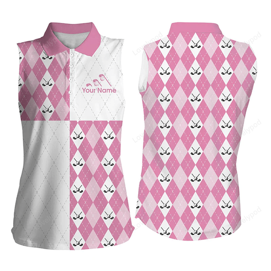 Golf addicted womens sleeveless polo shirt custom pink white golf ball clubs pattern, team golf shirts GY0431