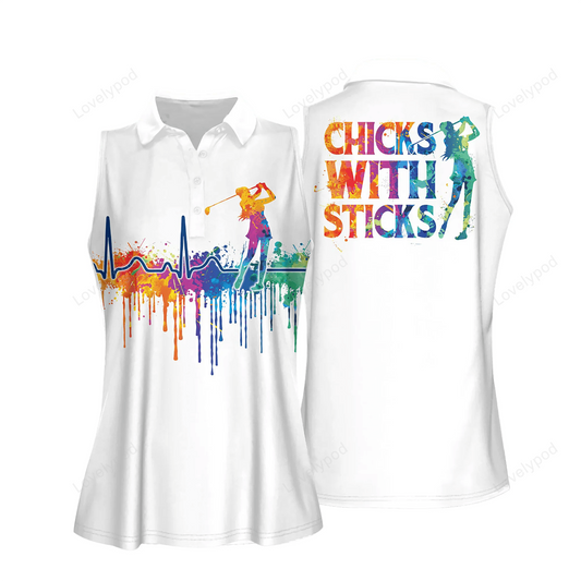 3d all over print watercolor golf heart beat chicks with sticks women short sleeve polo shirt GY0424
