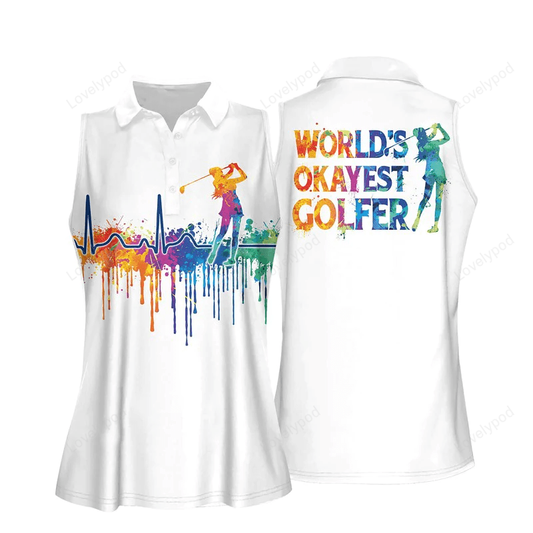 Watercolor golf heart beat worlds okayest golfer women sleeveless polo shirt GY0461