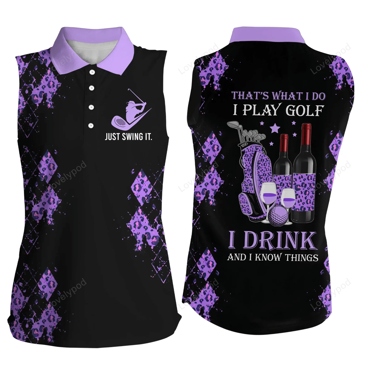 Black purple leopard womens sleeveless polo shirt funny golf wine that's what i do, i play golf drink GY0444