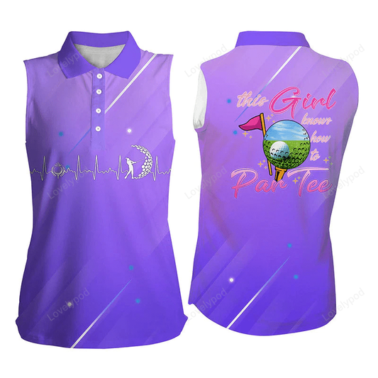 Purple gradient womens sleeveless polo shirt this girl knows how to par tee, golf gifts fot girl GY0407