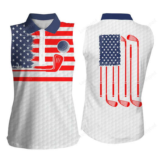 American flag patriotic women sleeveless polo shirt white golf polo shirt, unique golf gifts GY0455