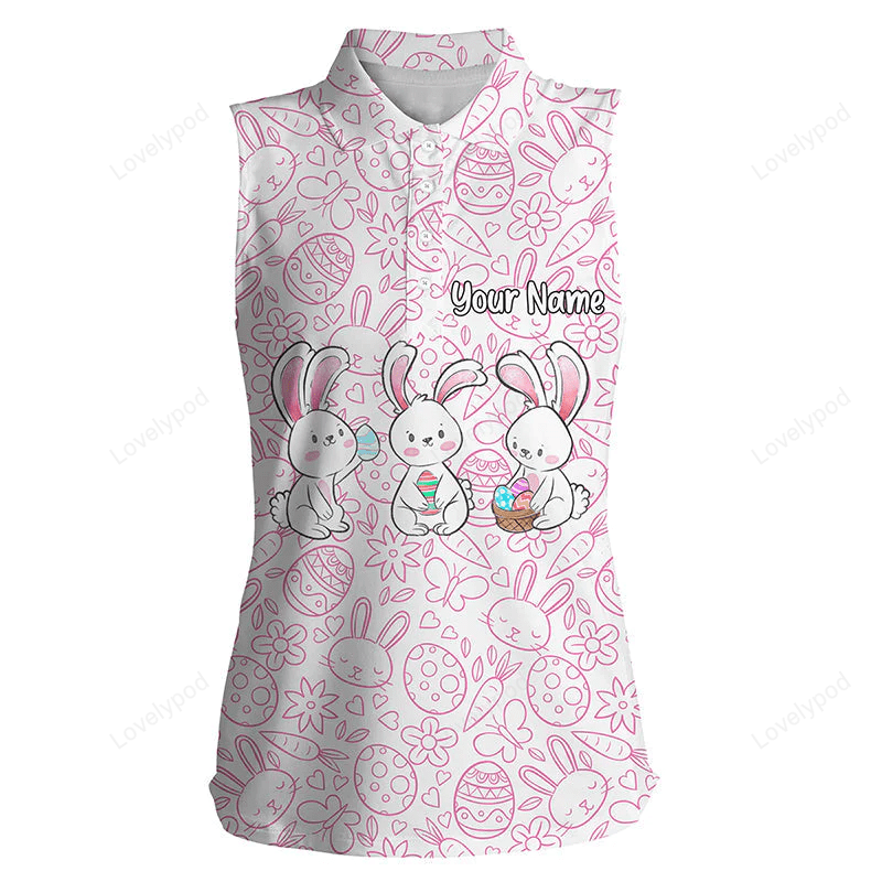 Pink easter bunny eggs pattern golf shirt custom womens sleeveless polo shirt, golf shirts for women GY0421