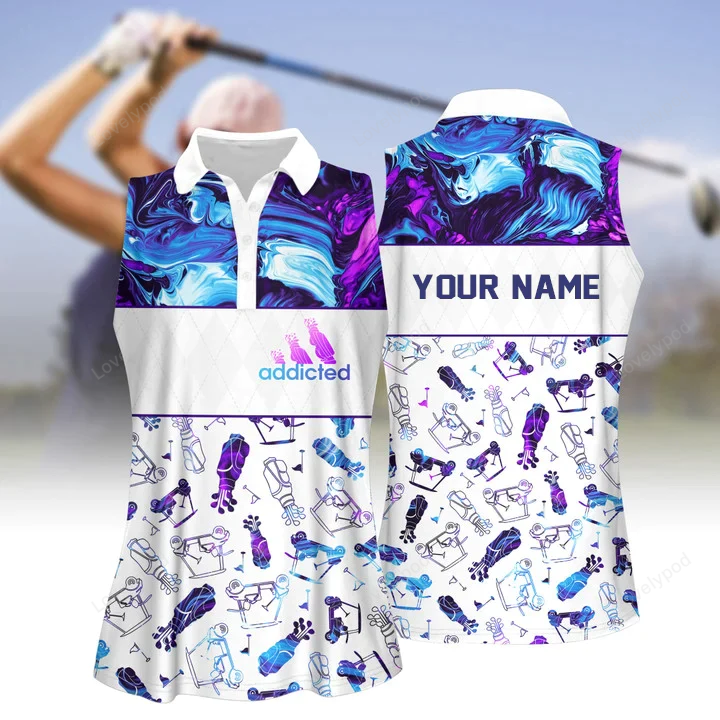 Personalized name blue and purple marble seamless golf pattern women short sleeve polo shirt sleeveless polo shirt GY0422