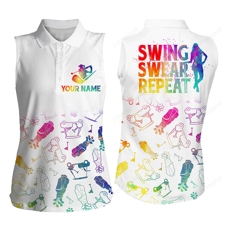 Womens sleeveless polo shirt custom watercolor golf icons swing swear repeat, gifts for golf lovers GY0496