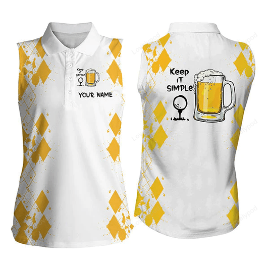 Custom name golf polo shirt, white yellow women sleeveless polo shirts keep it simple golf & beer GY0483