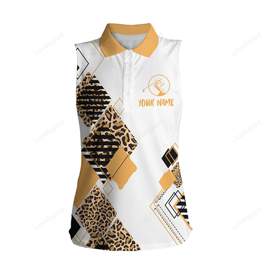 Custom name golf gift for women polo shirt, colorful women's sleeveless golf polo white shirt leopard pattern GY0474