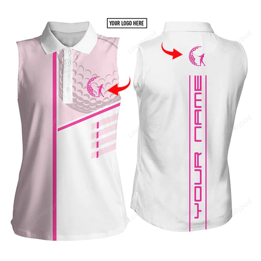 Custom logo golf club custom name and logo pink & white women's sleeveless polo shirt personalized golf gift GY0514