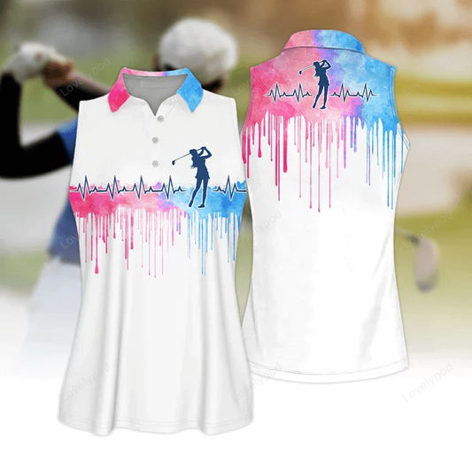 3d all over print golf polo shirt, golf heart beat watercolor sleeveless polo shirt GY0468
