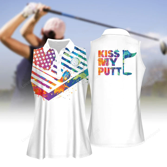 Kiss my putt watercolor women short sleeve polo shirt sleeveless polo shirt, american flag golf pattern GY0521